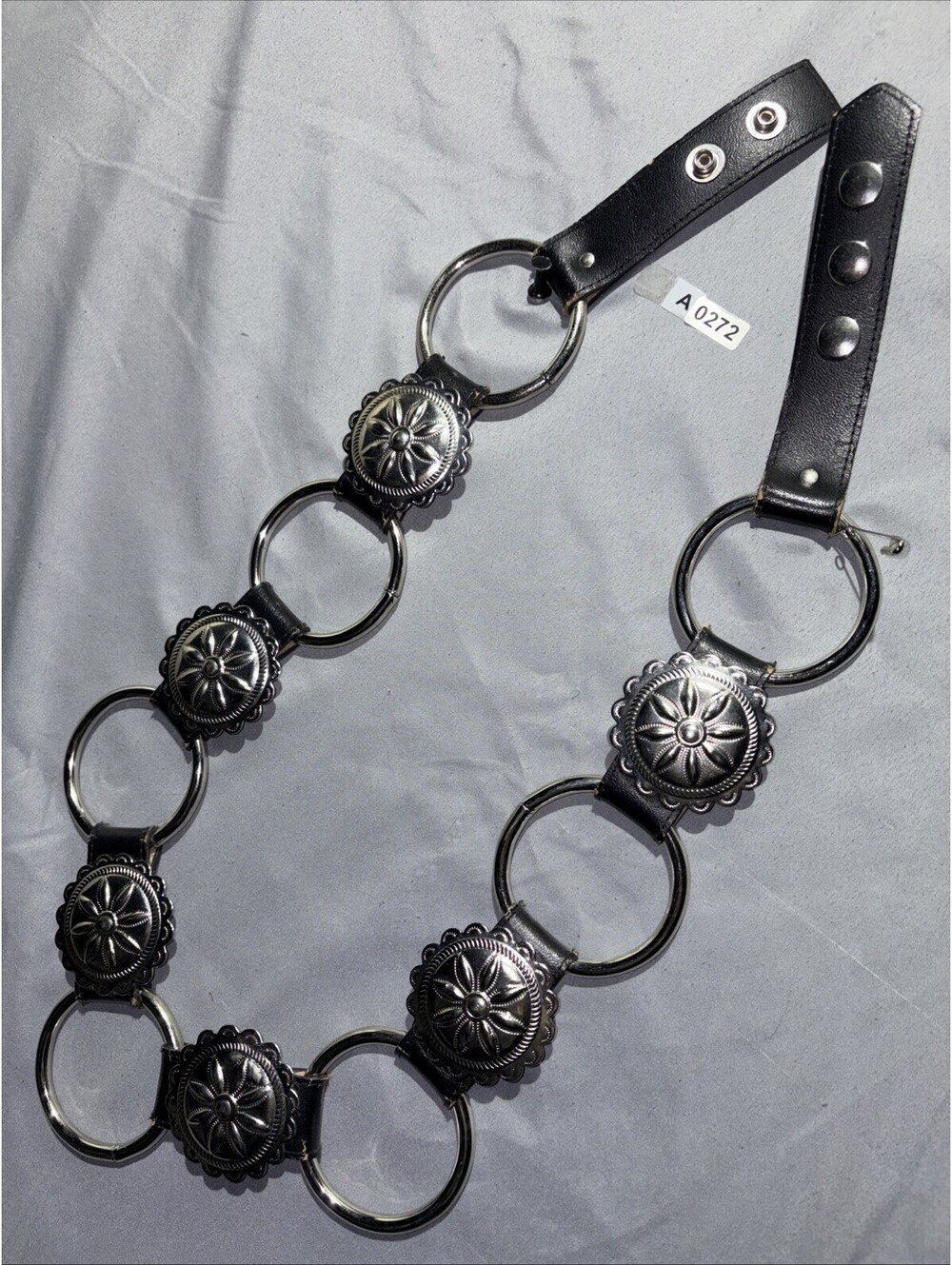 Sexy Cowgirl Silver Ring Black Leather Belt Buttons Wide Glamour Fits 32 - 34